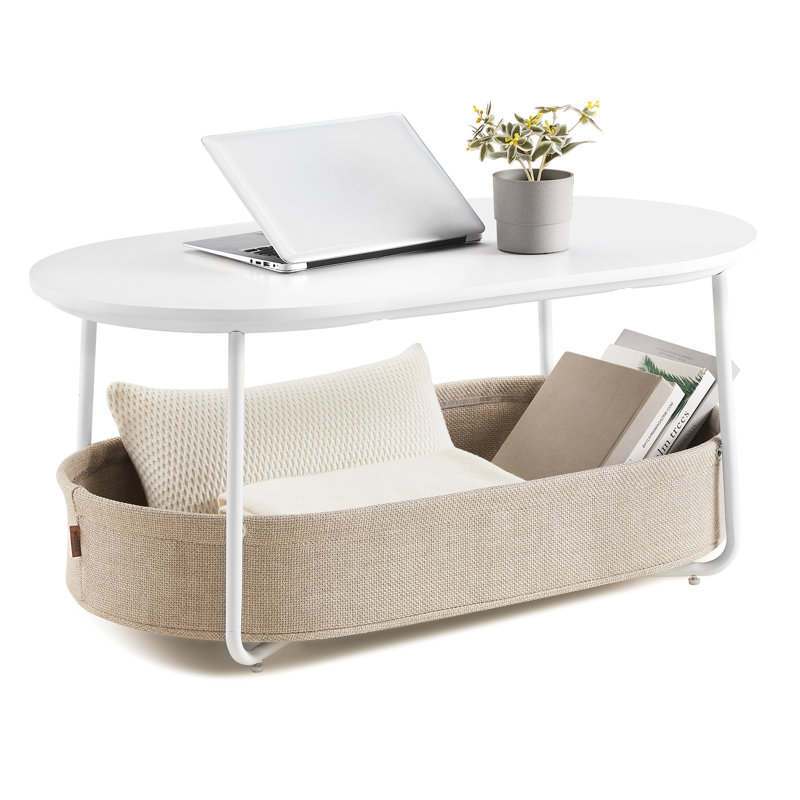 Neili Floor Shelf 39.4" W Coffee Table with Storage Fabric Basket, White/Beige