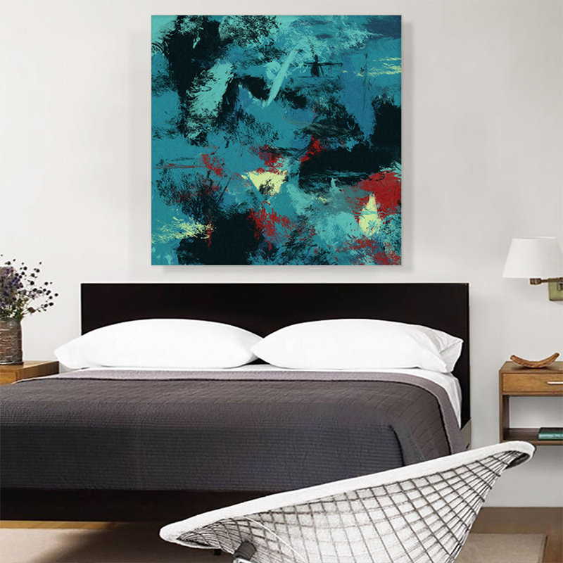 " Teal Black Maroon Grey Modern Square " by ARTCANVAS Design Group Painting Print, 36" H x 36" W x 1.5" D