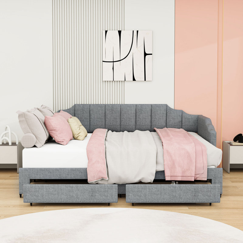 Twin XL Upholstered Daybed with Two Drawers,Trundle and LED Light, Gray