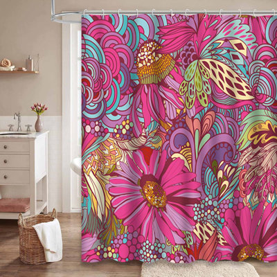 Rideau de douche imperméable à l'eau à motif floral abstrait et plume de bain avec 12 crochets