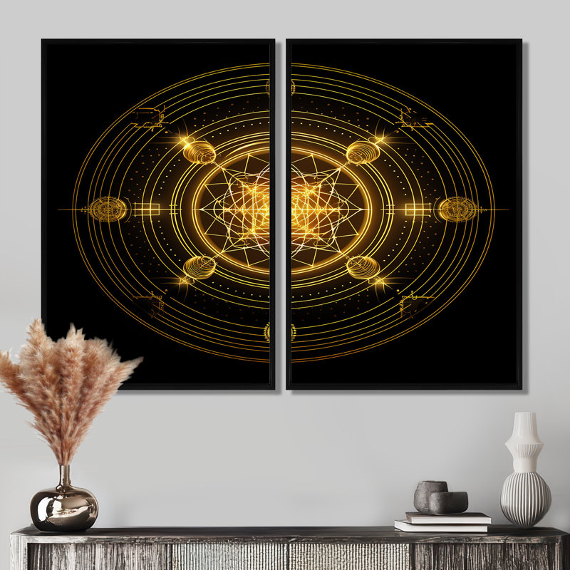 Connaissant la géométrie sacrée dorée sur fond noir I - décoration murale moderne, Black, 36" H x 48" W