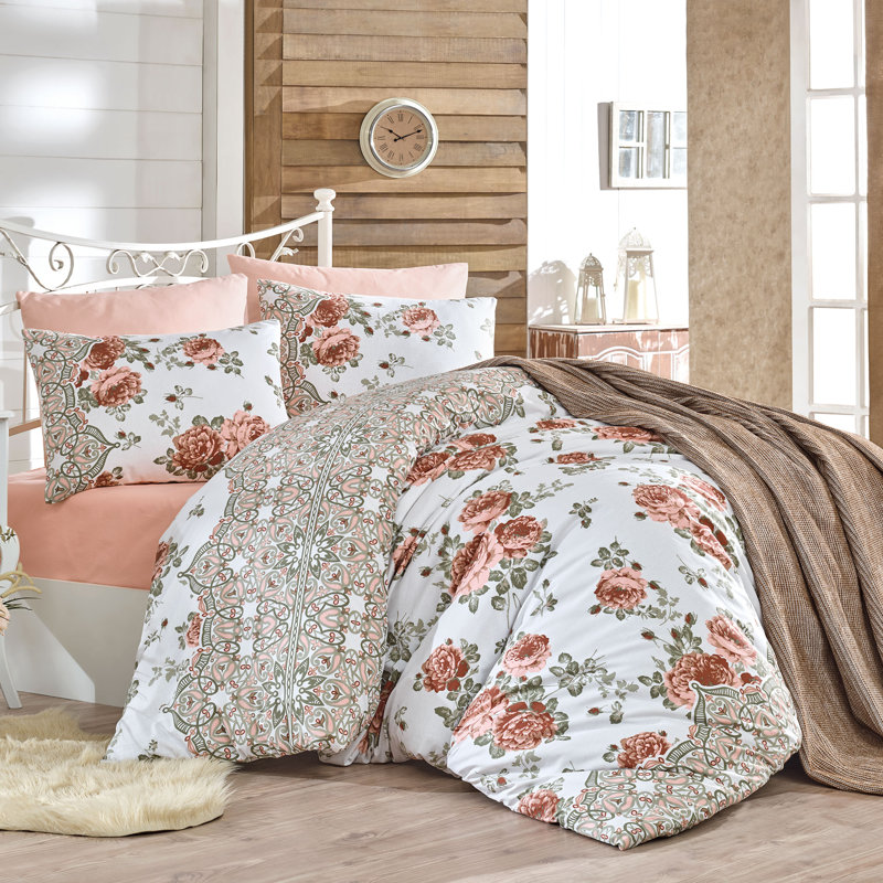 Ensemble de housse de couette 100% coton 3 pièces blanc / vert / orange Eudora