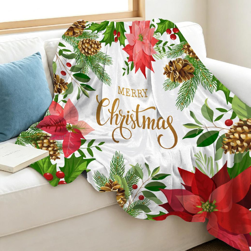 Jeté en molleton blanc ultra doux en flanelle, imprimé sapin de Noël poinsettia, Jeté 40 po x 50 po