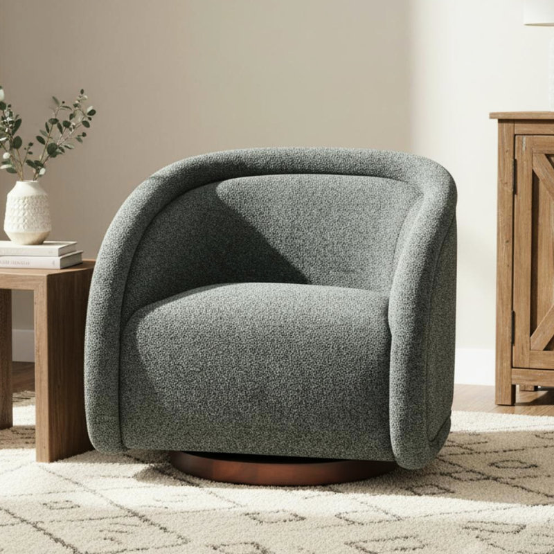 Fauteuil pivotant Boucl avec base en noyer, structure interne en bois massif, couleur beige, rotation à 360°, dossier confortable pour la lecture.