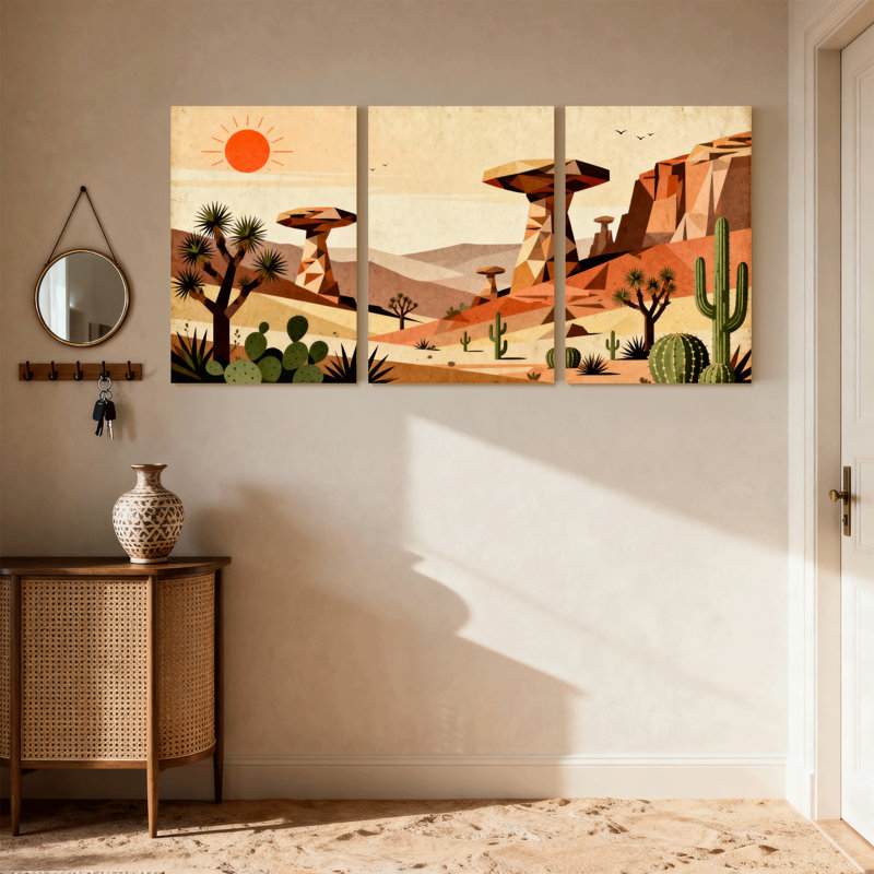 «Landscape & Nature Desert Landscape with Cacti and Rock Formations», ensemble de 3 impressions d'art sur toile