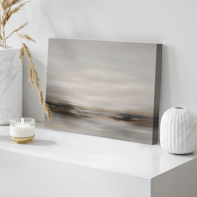 Calm Neutral Abstract Landscape Canvas Wall Art - Soft Grey and Beige Horizon Painting Print, Modern Minimalist Wall Decor for Living Room, Office, or Bedroom