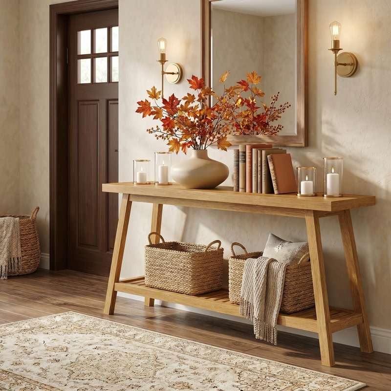 71-Inch Rustic Console Table for Entryway, 2-Tier Wooden Soafa Table, Natural Brown