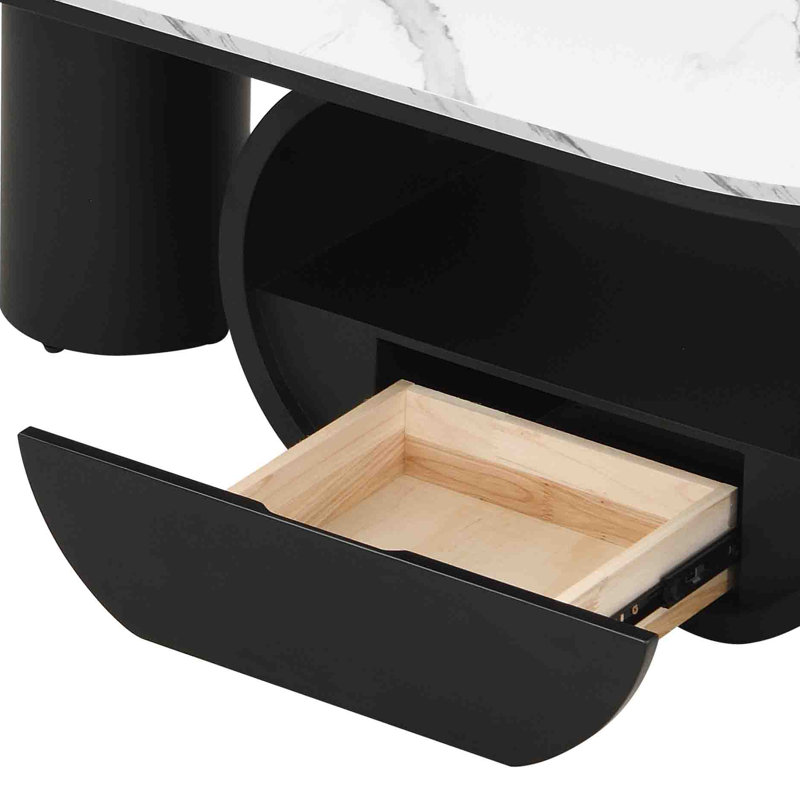 Table basse de luxe avec tiroir et base en métal pour le salon, Plateau blanc / base noire