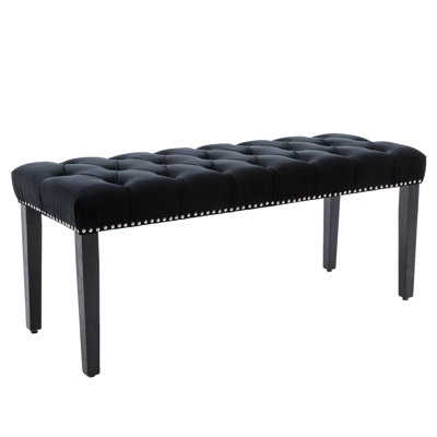 Black Velvet Bench For Living Room, Bedroom - Footrest Stool With Comfortable Cushion, 330 Lbs Capacity, 45.24" L X 17.29" W 18.37" H, Plastic Protected Legs On Legs, Capacity