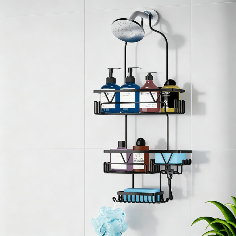 Over The Shower Head Caddy With 2 Baskets And Soap Holder, Non-Slip Design For 0.82-Inch Standard Showers, Black Stainless Steel Extra Large