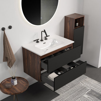 Meuble-lavabo de salle de bain 30 po noir doux et noyer avec lavabo en céramique intégré, trop-plein, coulisses silencieuses, finition moderne - Tiroirs aux couleurs, dimensions et poignées dissimulées, fermeture silencieuse
