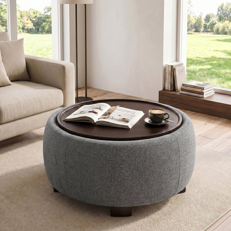 Round Cocktail Ottoman with Storage, Solid Dark Gray Chenille