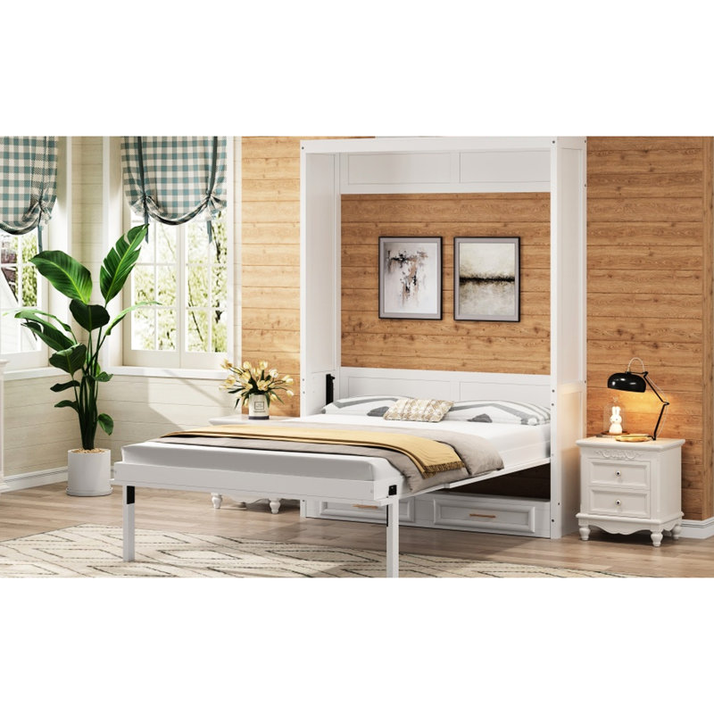 Lit double beige avec 2 tiroirs, bois de pin de haute qualité et conception pliante peu encombrante pour un coin bureau robuste, petite chambre