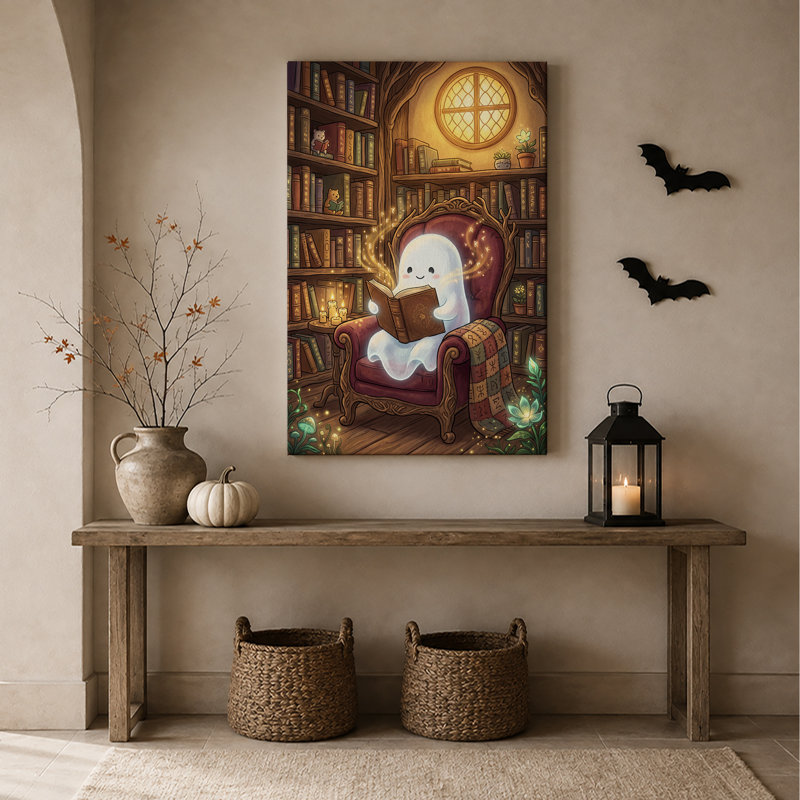 Mignon fantôme lisant un livre magique dans une bibliothèque confortable, art mural d'Halloween, H 18 po x l 12 po