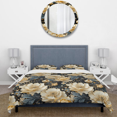 Luxueux motif de fleurs dorées et grises - Ensemble de housse de couette floral - Polyester en microfibre