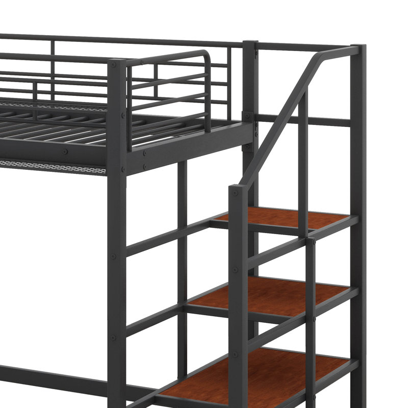 Lit mezzanine en métal de taille simple, avec une grille de rangement supérieure et une échelle de rangement latérale, Noir
