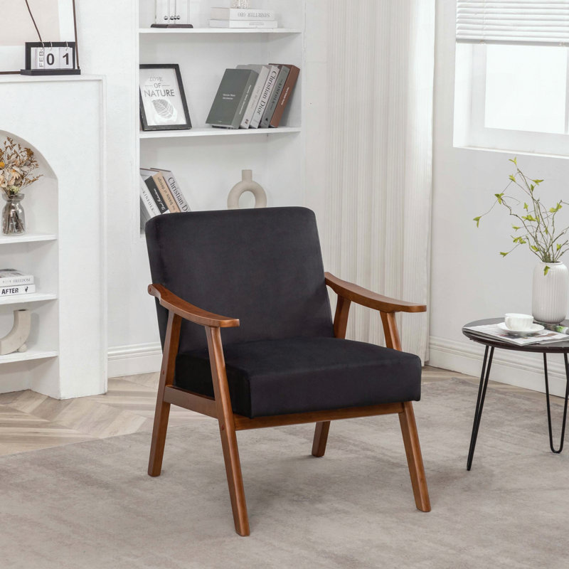 Chaise d'appoint Mid-Century moderne avec velours (noir), Noir, Cerisier