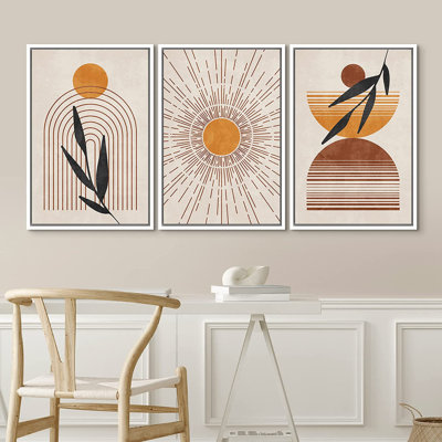 Mid Century Modern Boho Geometric Shining Sun Polygon Abstract - 3 Piece Floater Frame Graphic Art Set on Canvas