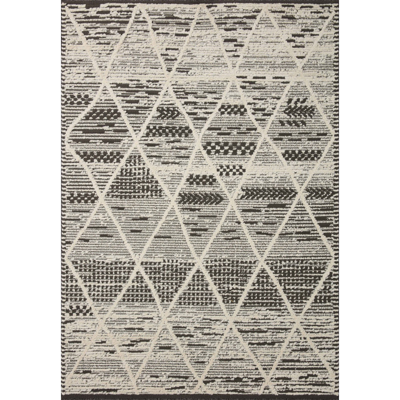 Tapis tissé à la machine marocain en polyester gris anthracite / ivoire, Rectangle 7 pi 10 po x 10 pi