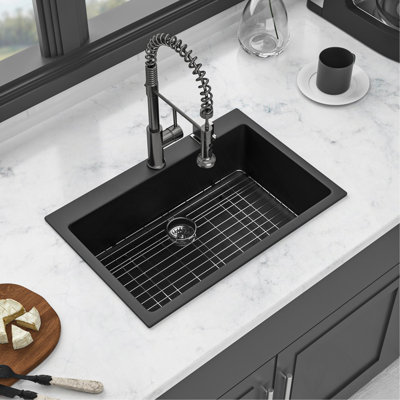 Quartz Kitchen Sink - 33X22" Black Granite Composite Drop In Kitchen Sink