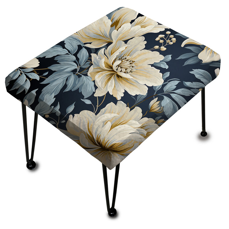 Beige And Blue Ornate Damask Dahlia - Floral Rectangle Ottoman