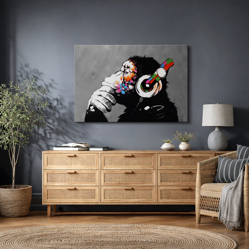 Pop Urban Street "Banksy Thinge Monkey With Head écouters, Toile tendue, H 32 po x l 48 po, Sans cadre