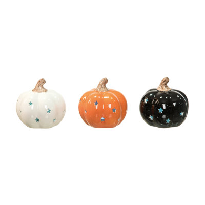 Décoration de mini citrouille découpée en céramique lumineuse, citrouilles décoratives, orange, céramique, ensemble de 3, table, salon, Halloween, décoration de la maison, éclairage à DEL
