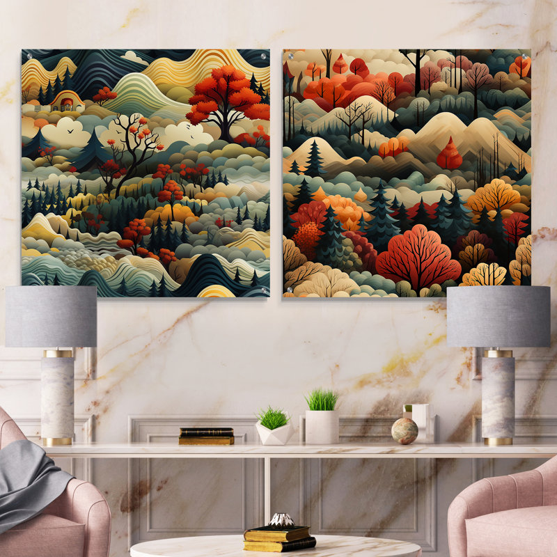 «Earth Tones Dreamy Forest Landscape», ensemble de 2 peintures murales abstraites en acrylique, H 36 po x l 73 po