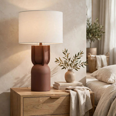 Maya Table Lamp, White Drum Shade, Brick Red Hourglass Base, 28 Inch