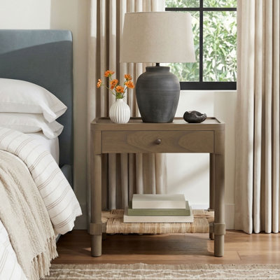 Asher Tray Top Nightstand With Drawer And Rush Shelf, Chestnut Brown