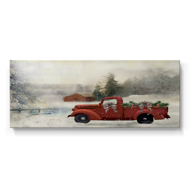 Red Barn Winter - Toile tendue avec châssis - Prêt à accrocher, H 12 po x l 30 po