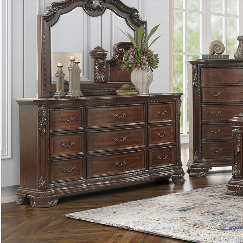 Commode 9 tiroirs de style traditionnel avec poignées en métal en noyer foncé