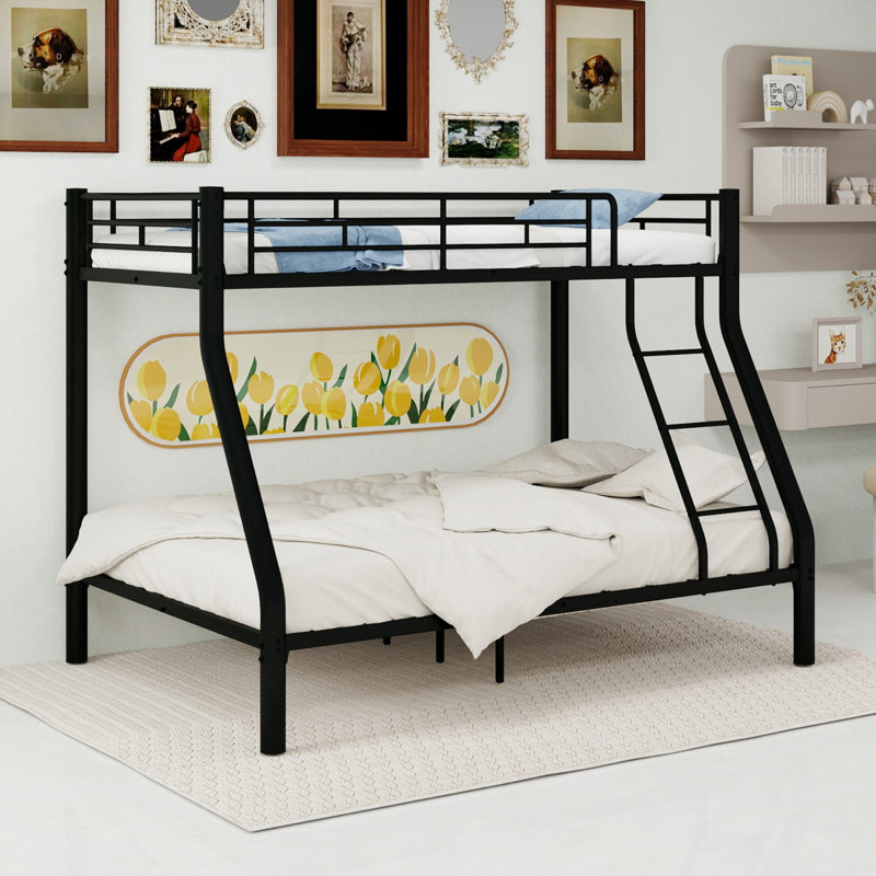 Twin Over Double Metal Bunk Bed Upper Single Lower Double Iron 1-Piece Bunk Bed Black - With Guardrails and Sturdy Ladder