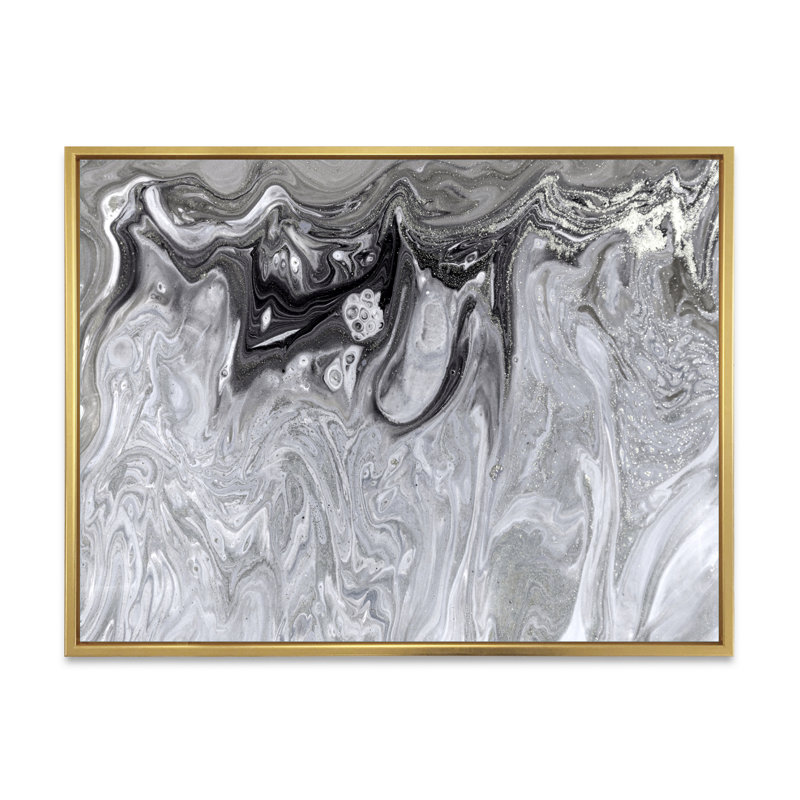 Gris abstrait liquide - peinture sur toile, Cadre flottant doré, H 16 po x l 32 po x P 1 po