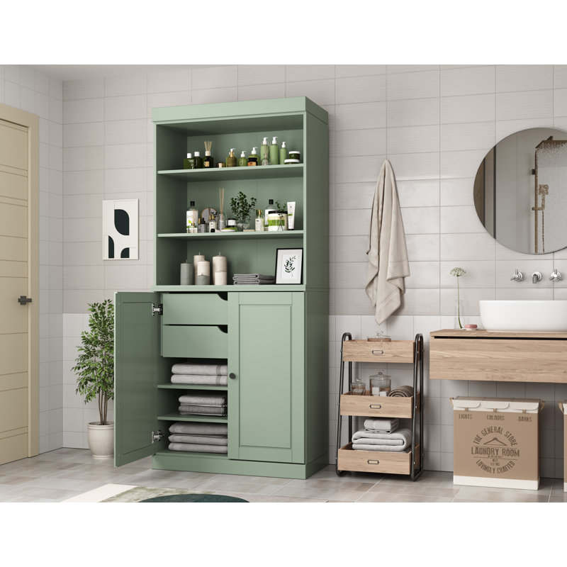 32" 100% Solid Wood Freestanding Bathroom Cabinet with Solid Doors, 2 Drawers & Adjustable Shelves – Modern Bathroom Storage