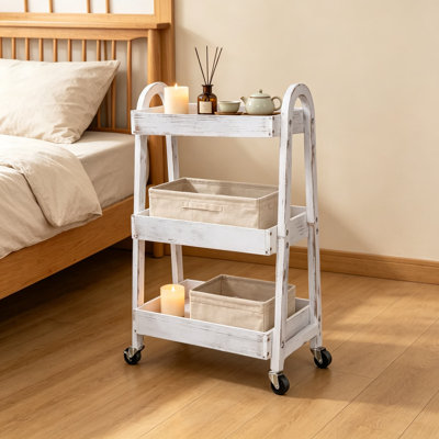 3-Tier Wooden Rolling Cart with Wheels, Utility Storage Trolley Organizer for Kitchen, Office, Bathroom, and Kids' Room, Retro White