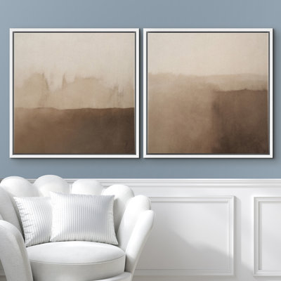 Warm Earth Tone Abstract Landscape Framed Canvas Wall Art - Minimalist Set of 2 for Modern Living Room