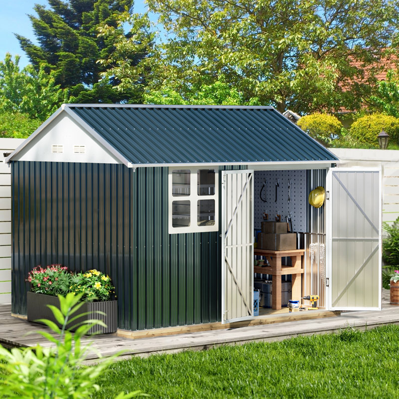 Remise de rangement extérieure en acier 10 x 8 pi avec portes et fenêtre verrouillables, parfaite pour le jardin, la cour et le patio