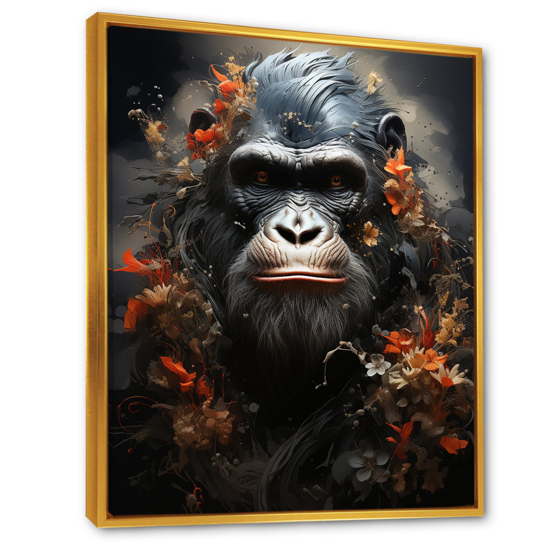 Singe noir énigme sur toile, H 40 po x l 30 po x P 1,5 po, Cadre flottant doré