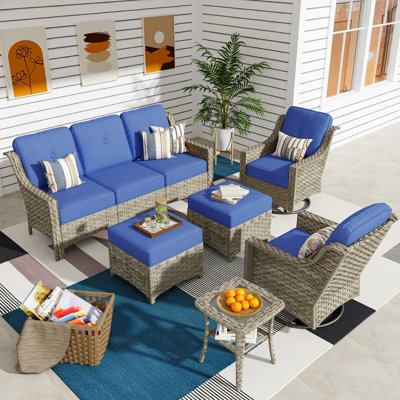 5 - Person Outdoor Conversation Set, Wicker Patio Sofa & Swivel Chair Set with Cushions