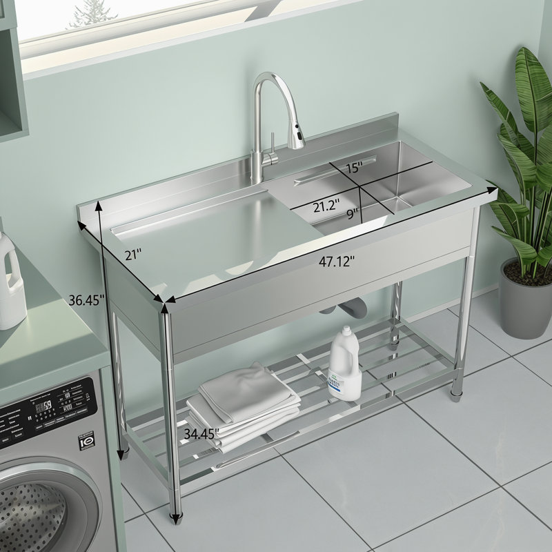 Évier de cuisine commercial 47 po à cuve simple sur pied en acier inoxydable avec tablette ouverte et robinet de cuisine