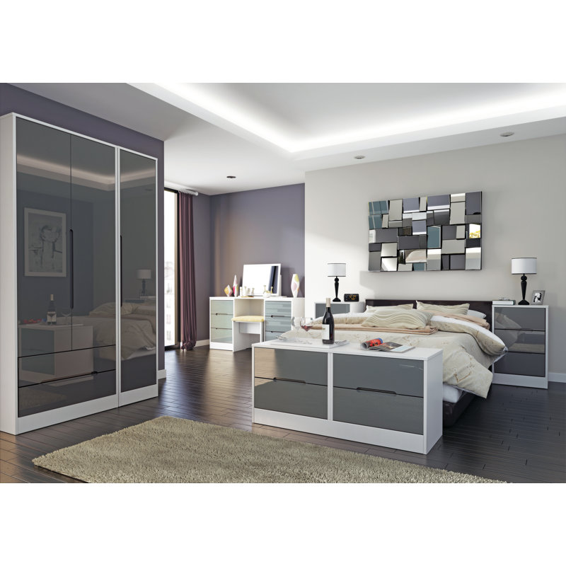 Fully Assembled Vernon 2 Drawer Bedside Table, Grey Gloss/White