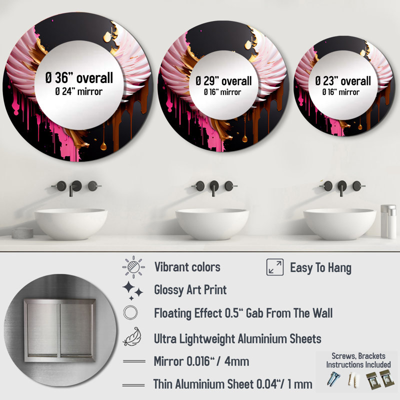 Shouta Pink,Gold And Black Angel Wings I - Wings Angel Decorative Mirror, Gold Round Wall Mirror, Printed Metal Art