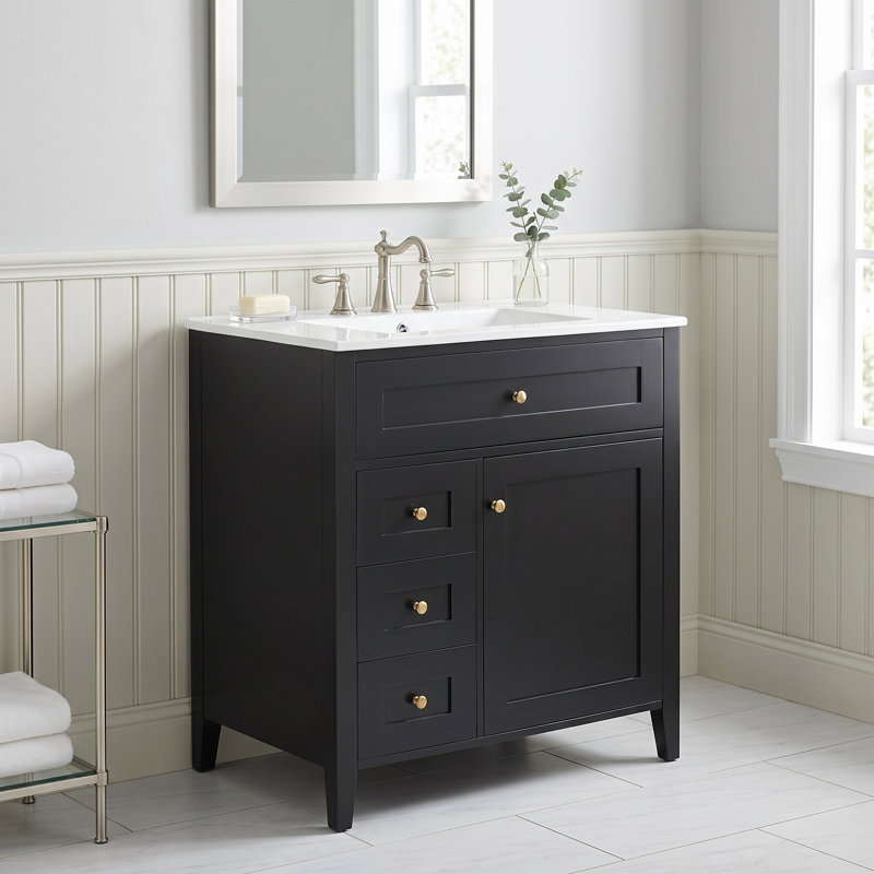 Ensemble de meuble-lavabo autoportant 30 po en MDF et bois d'hévéa noir avec lavabo, 3 tiroirs, tablette réglable, Noir