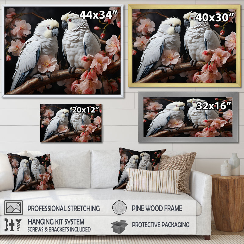 Harmonics de la jungle blanche perroquets, H 30 po x l 40 po x P 1,5 po, Cadre flottant naturel