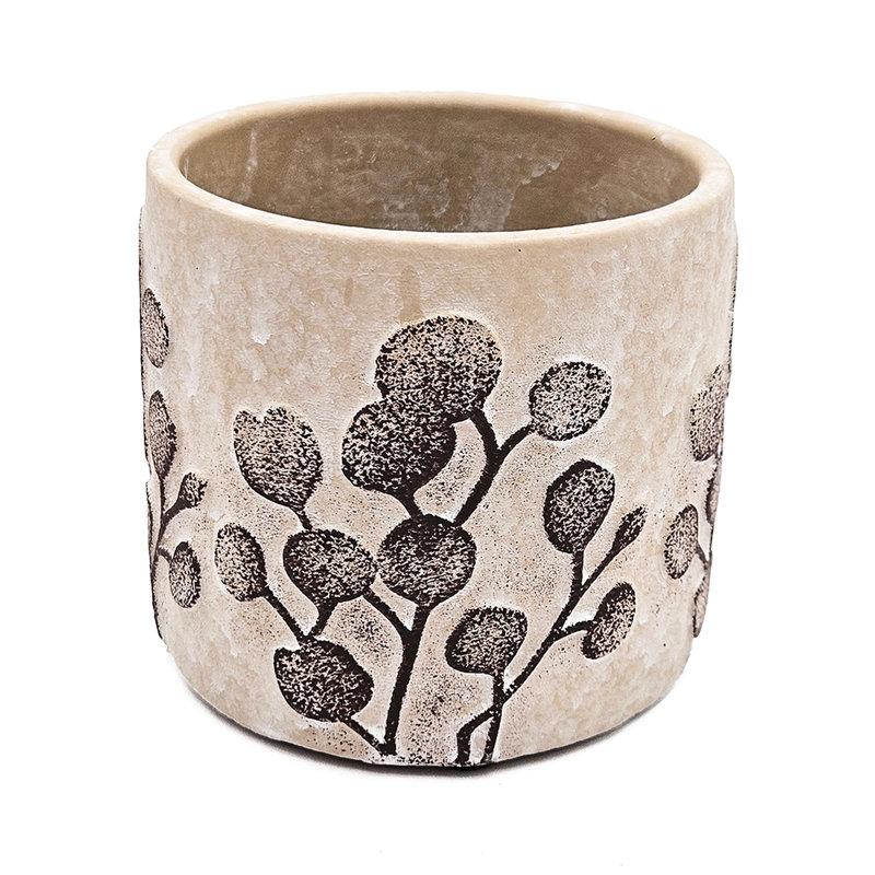 Of 4 Gray Sand - Cement Planters With Brown Botanical Flourishes, 4.3X4.3X4 Inches, Suitable For Succulent Arrangements And Motifs, Fit Bohemian Theme