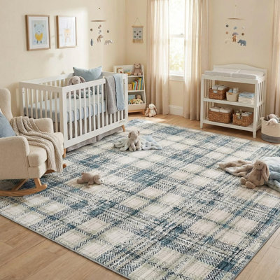 Large Area Rug 9x12FT Plaid Rug Washable Rugs for Living Room Non Slip Soft Farmhouse Non-Shedding Carpet Indoor Low Pile Foldable Rugs for Bedroom Dining Room Nursery Playroom Blue