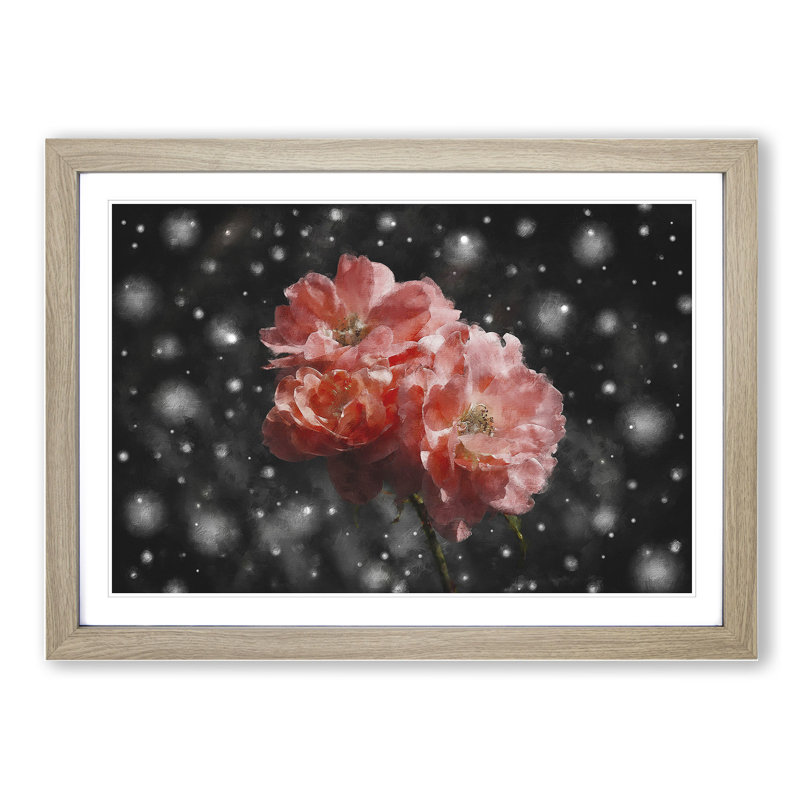 Three Pink Flowers - Picture Frame Graphic Art, 48cm H x 65cm W x 2cm D, Oak