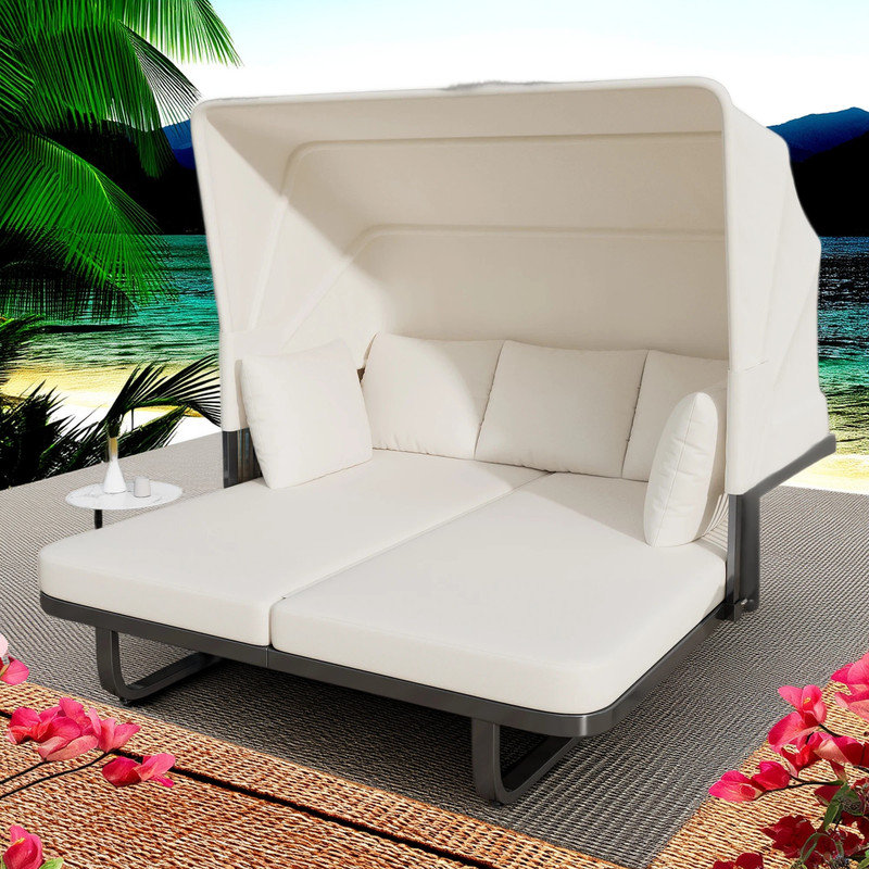 57" Outdoor Rattan Daybed with Detachable Pillows for Patio, Backyard & Pool, Beige