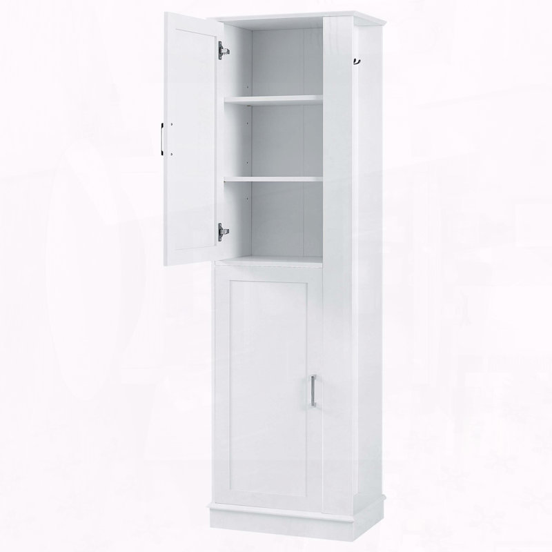 Tall Storage Cabinet with Side Hook and Adjustable Shelf, White